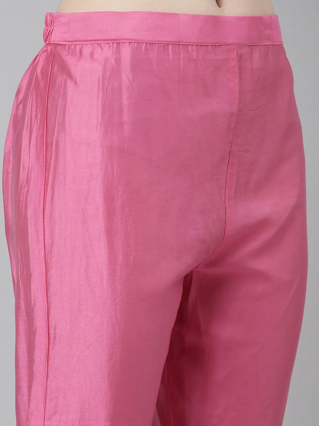 Neeru's Pink Regular Straight Chevron Kurta And Trousers With Dupatta