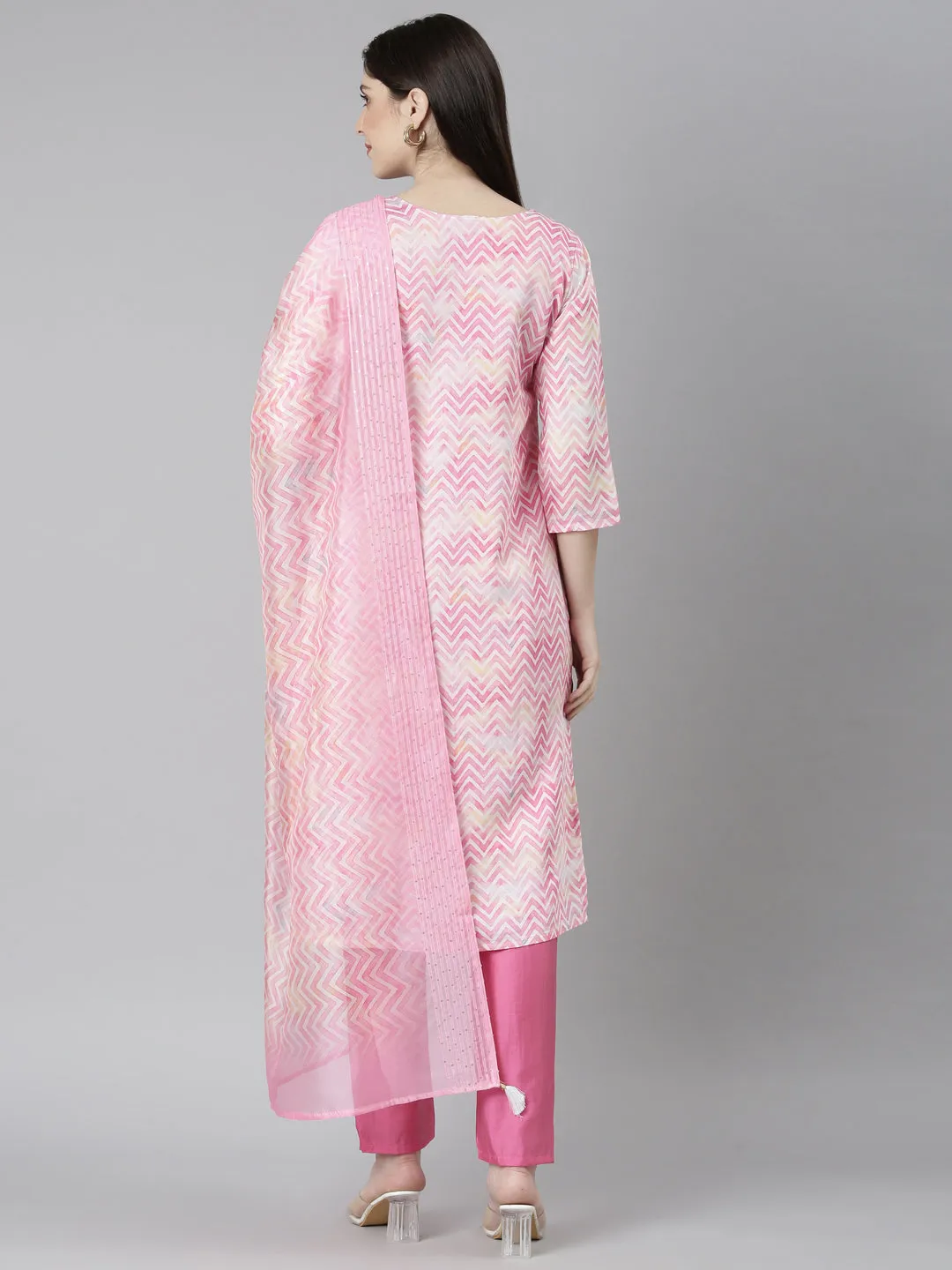 Neeru's Pink Regular Straight Chevron Kurta And Trousers With Dupatta