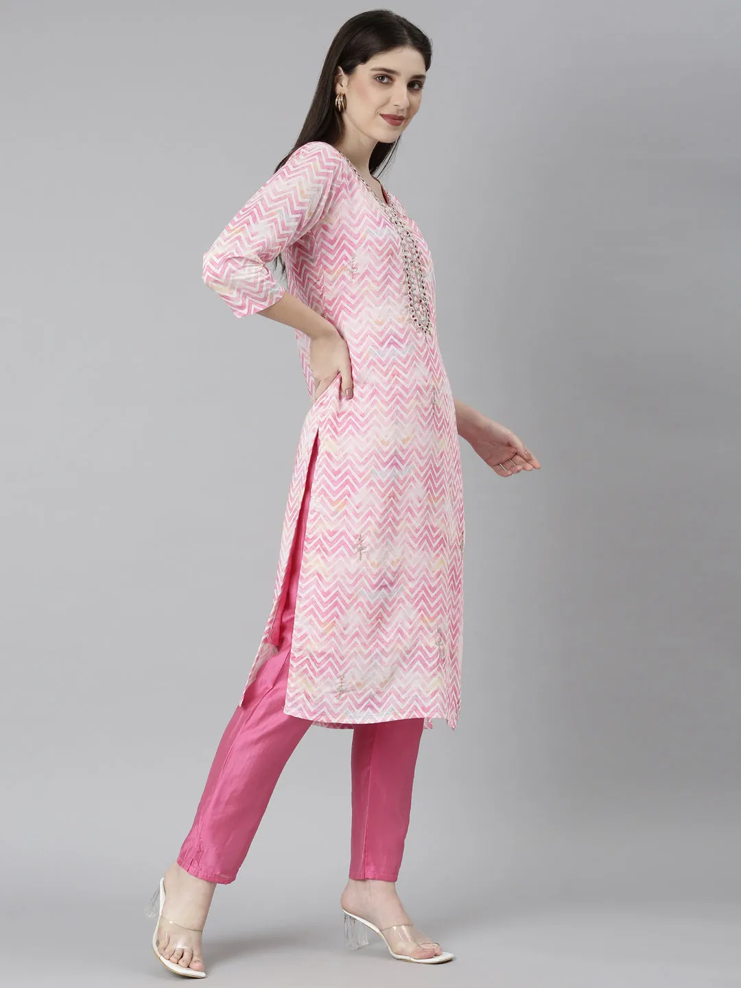 Neeru's Pink Regular Straight Chevron Kurta And Trousers With Dupatta