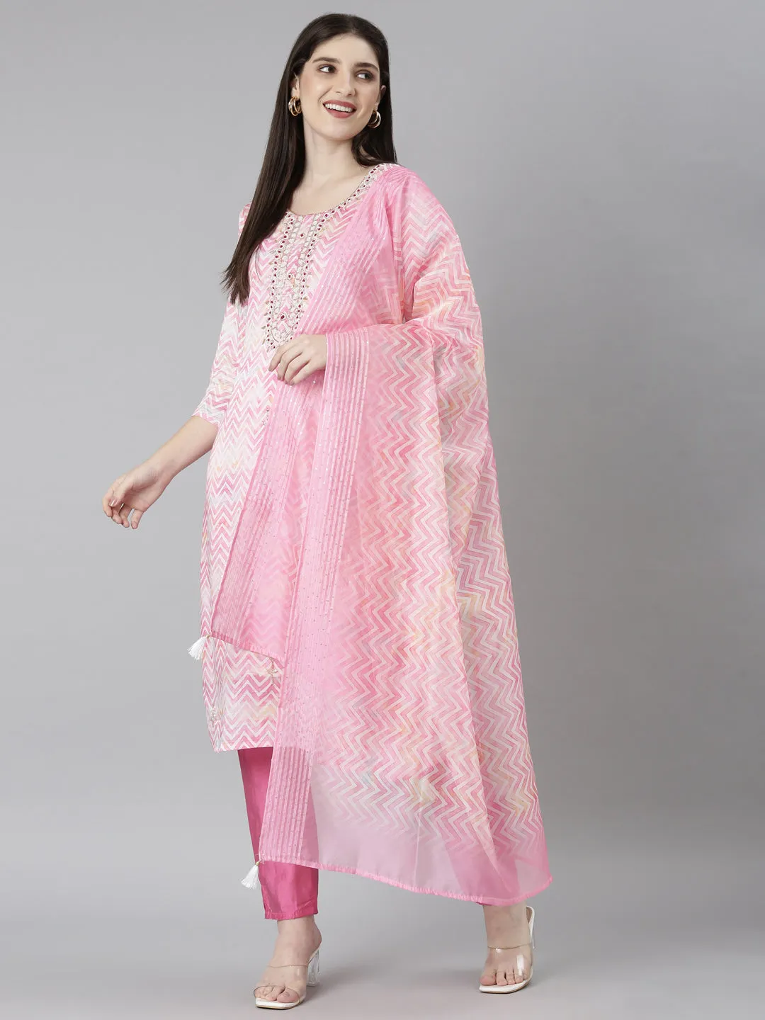 Neeru's Pink Regular Straight Chevron Kurta And Trousers With Dupatta