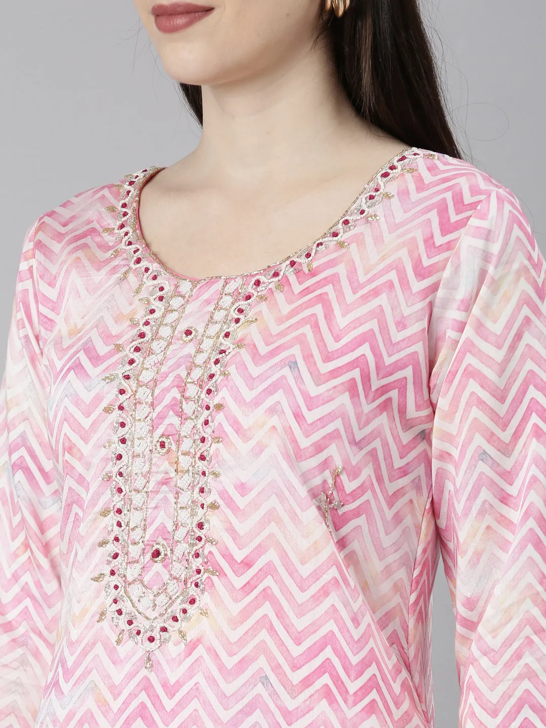 Neeru's Pink Regular Straight Chevron Kurta And Trousers With Dupatta