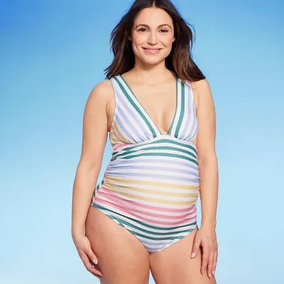 New - Isabel Maternity Deep V Neck One Piece Maternity Swimsuit, Striped XL