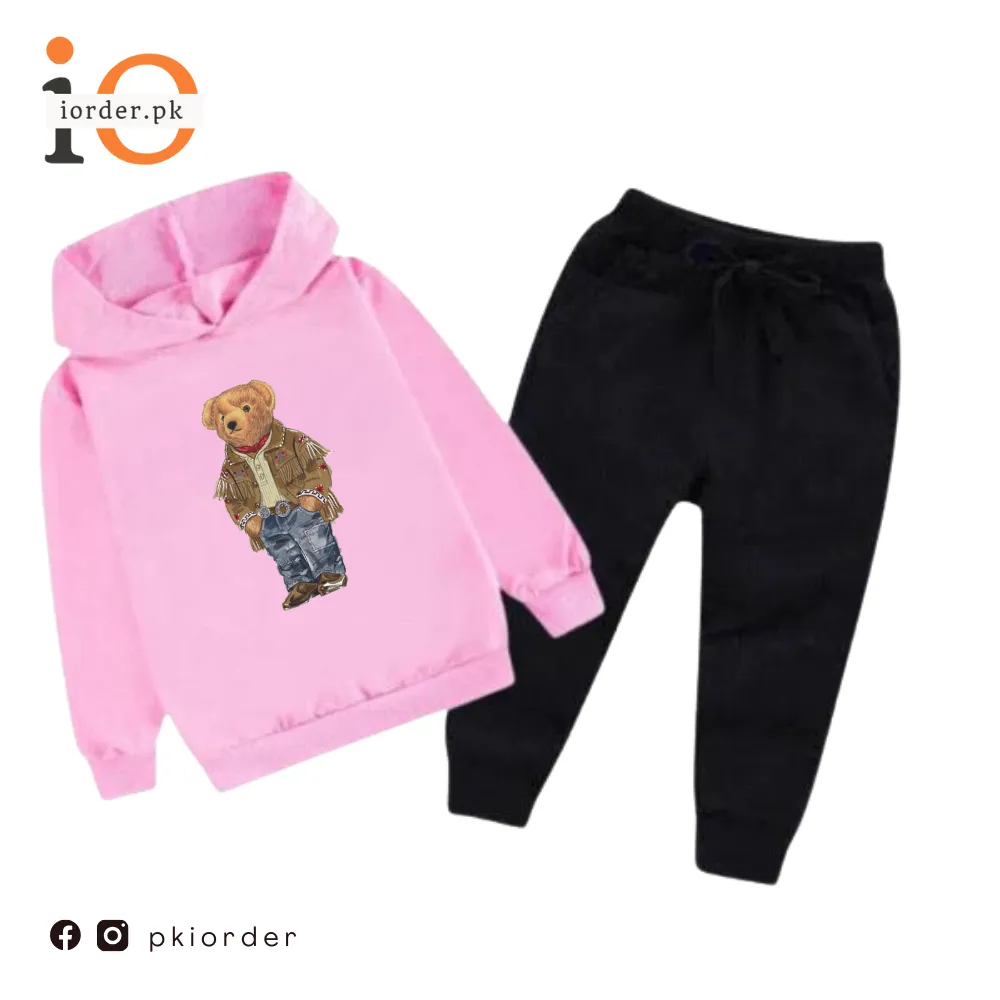 Pink Versace Bear Printed Kids Hoodie Set