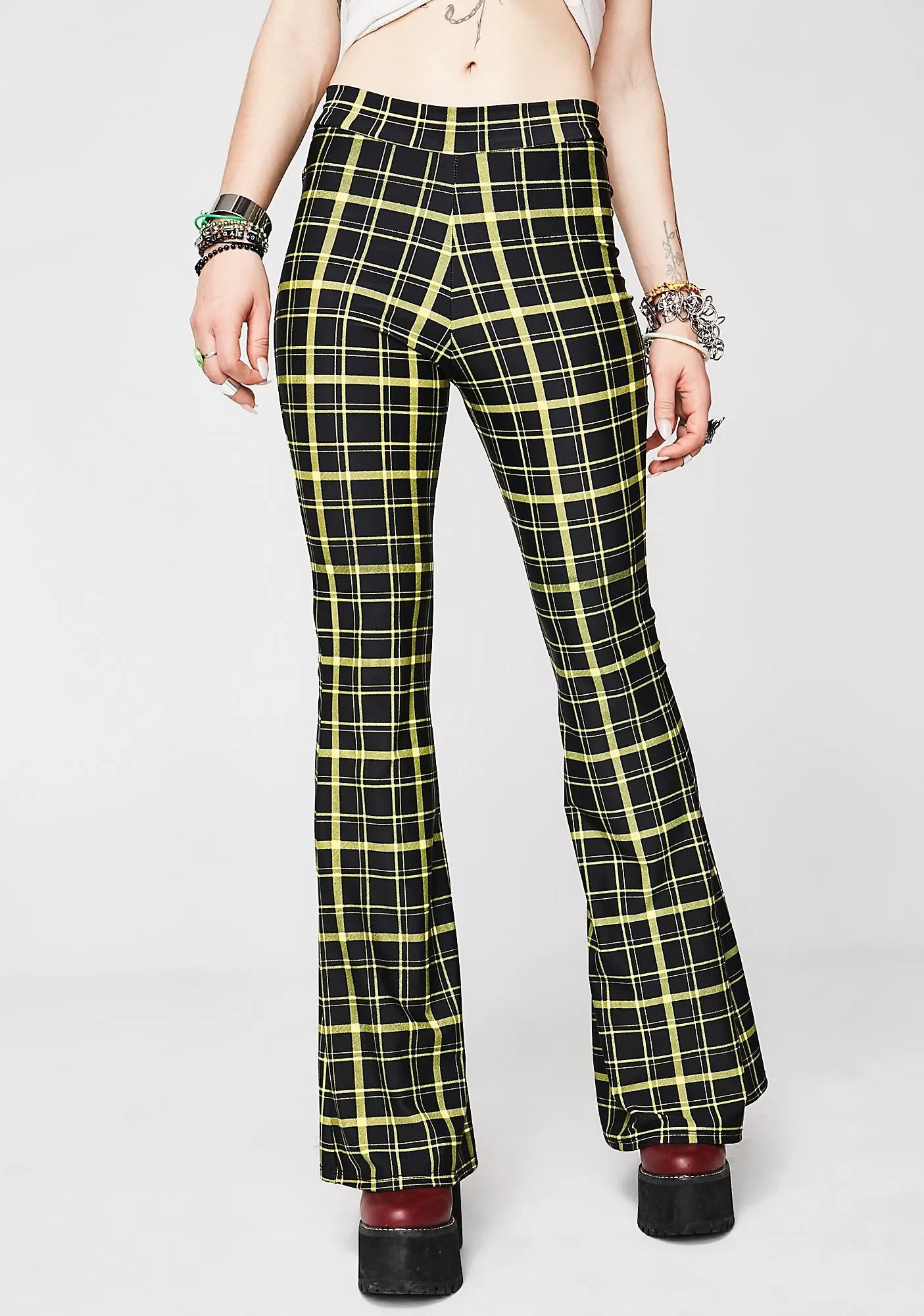 Retro Plaid Flare Pants in Black and Yellow