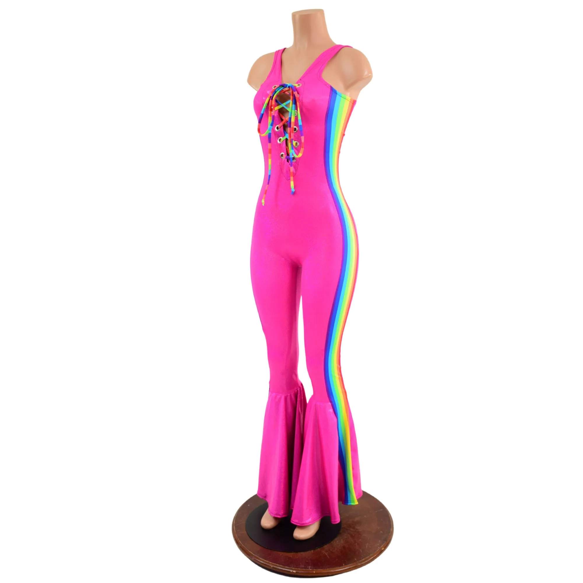 Retro Rainbow Striped Bell Bottom Catsuit with Laceup Neckline