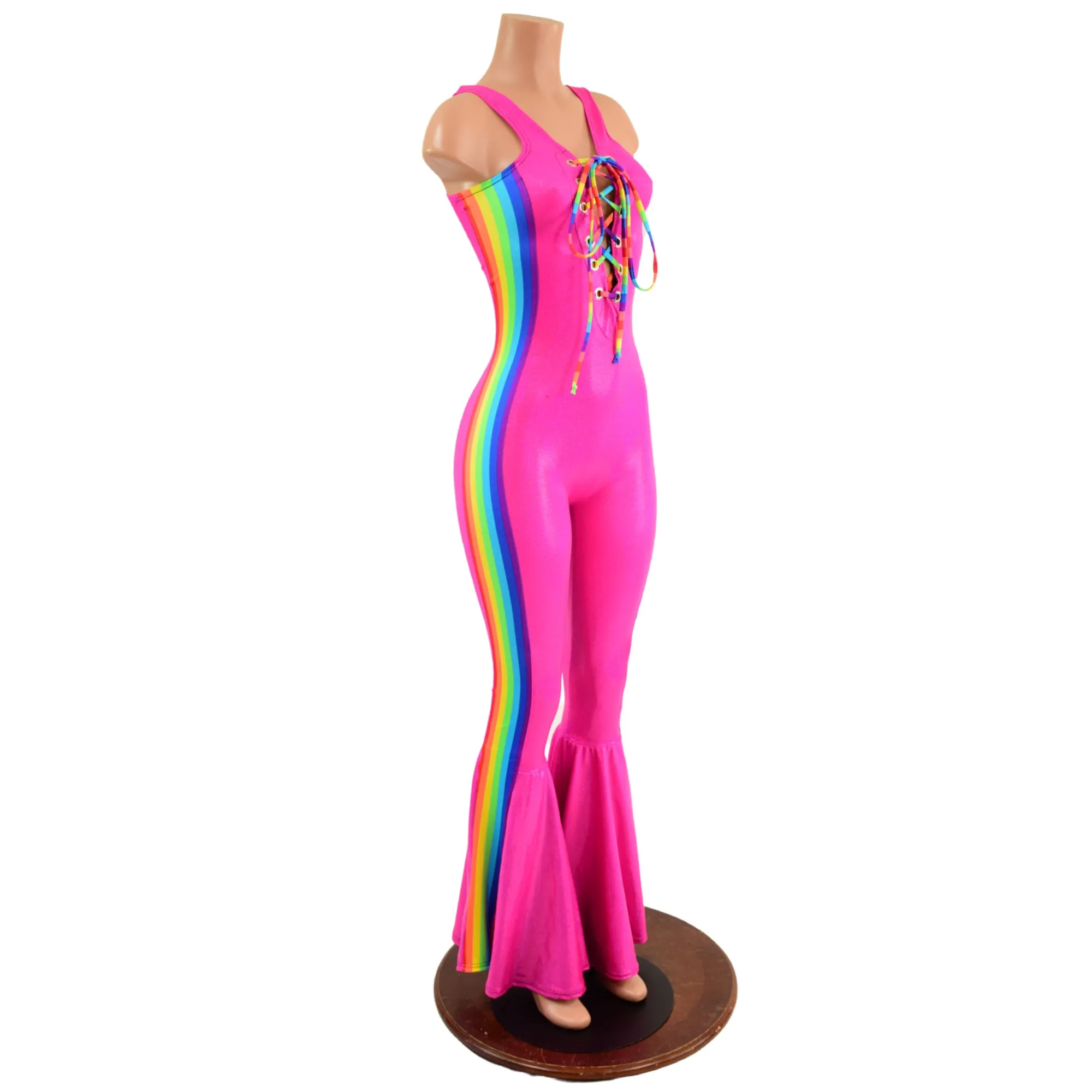 Retro Rainbow Striped Bell Bottom Catsuit with Laceup Neckline