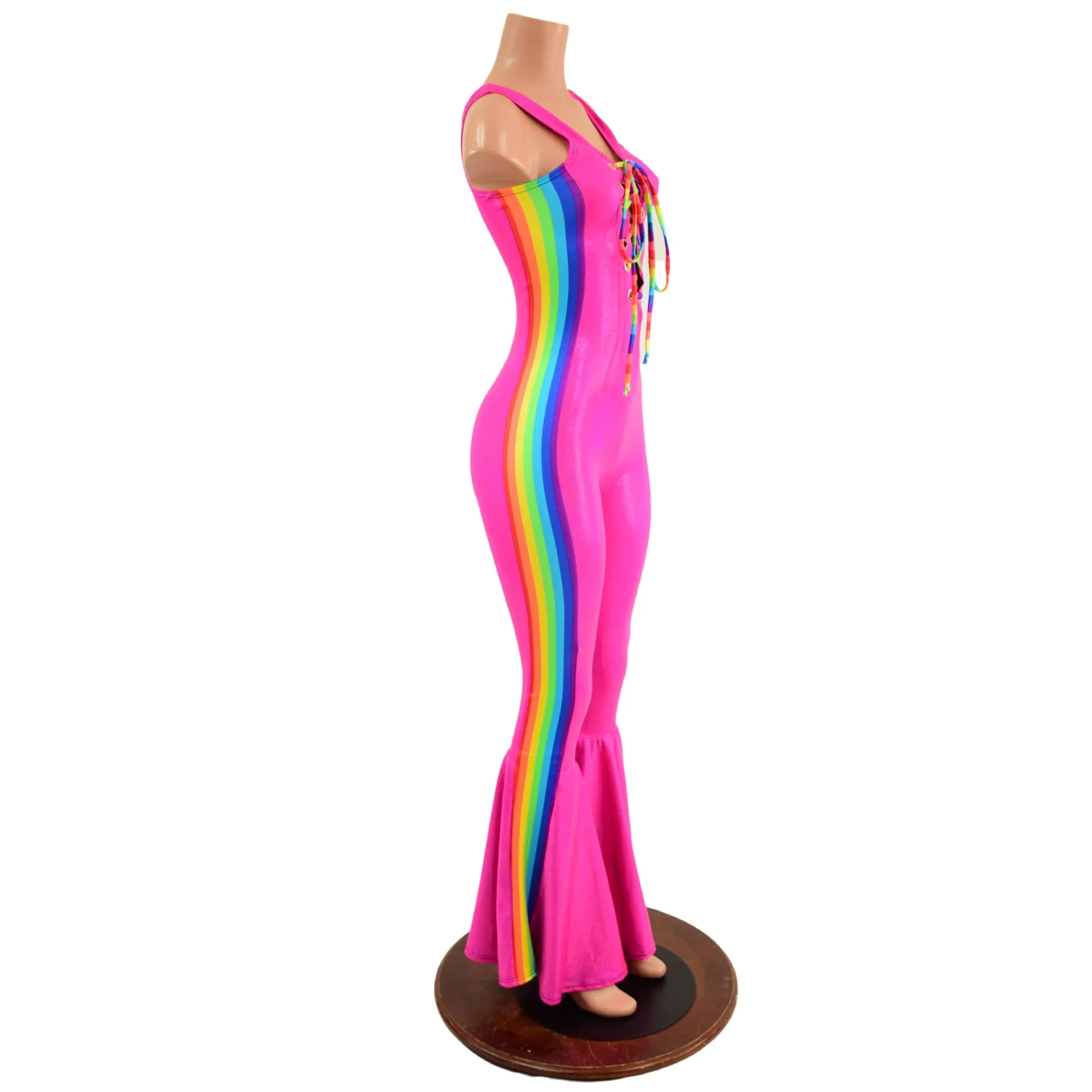 Retro Rainbow Striped Bell Bottom Catsuit with Laceup Neckline