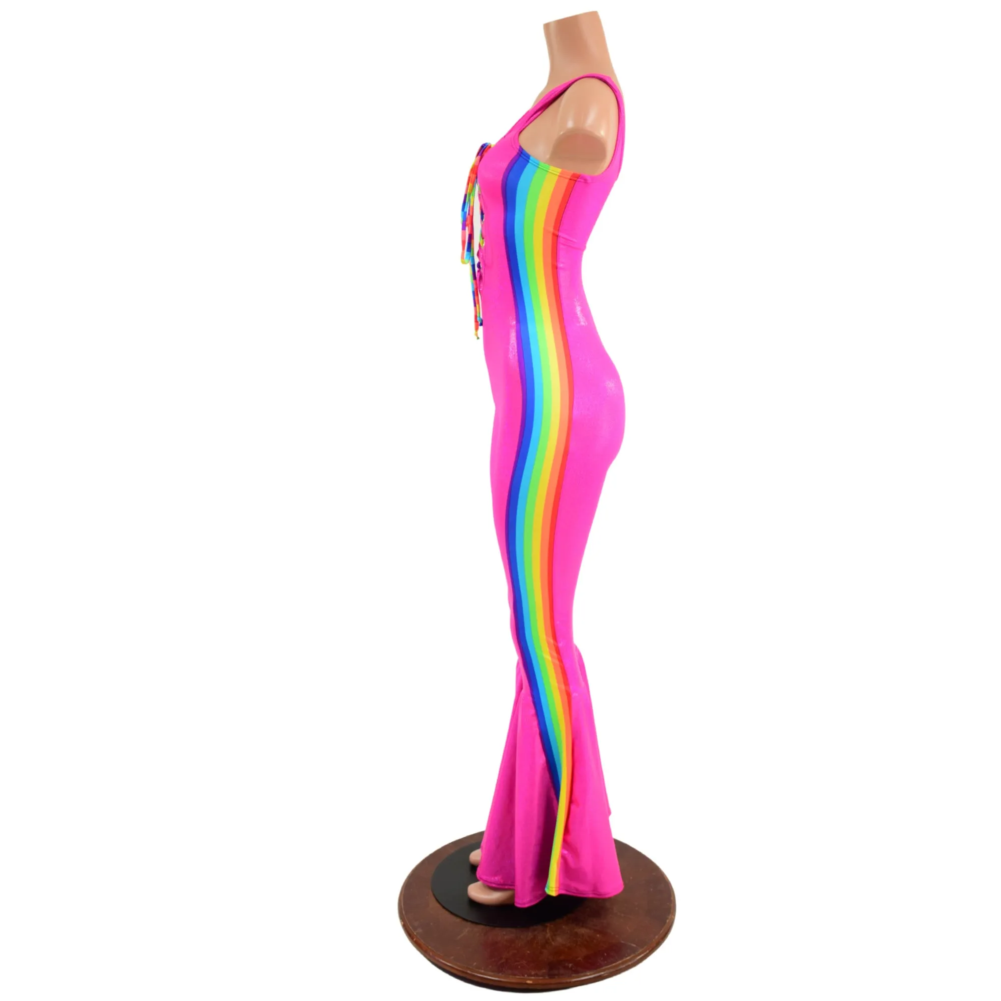 Retro Rainbow Striped Bell Bottom Catsuit with Laceup Neckline