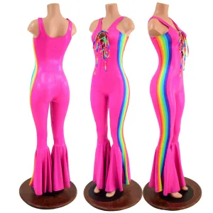 Retro Rainbow Striped Bell Bottom Catsuit with Laceup Neckline