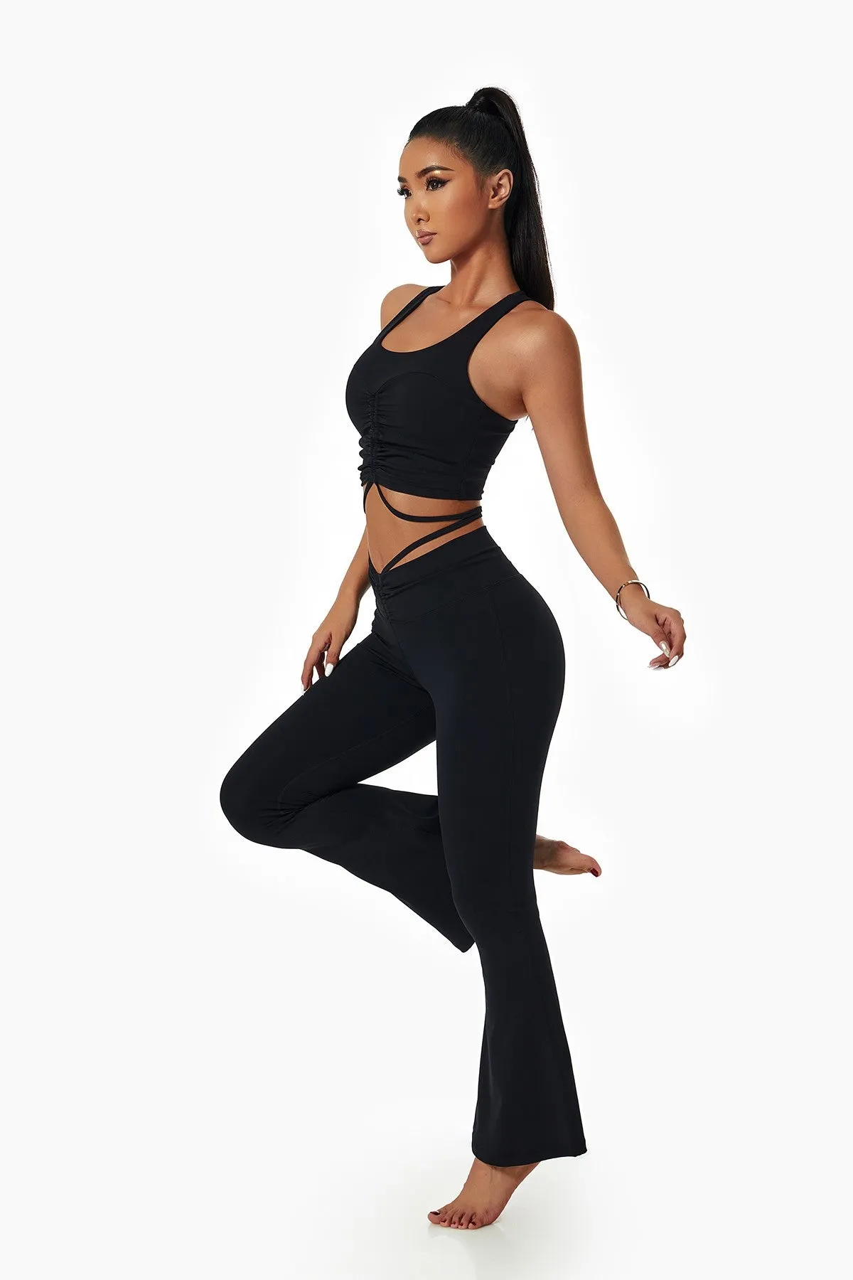 Ruched Front Waist Tie V-Cut Flared Leggings