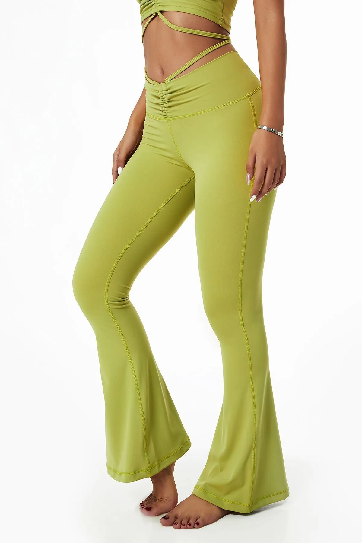 Ruched Front Waist Tie V-Cut Flared Leggings