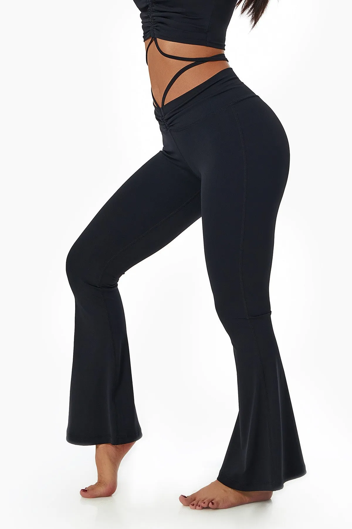 Ruched Front Waist Tie V-Cut Flared Leggings