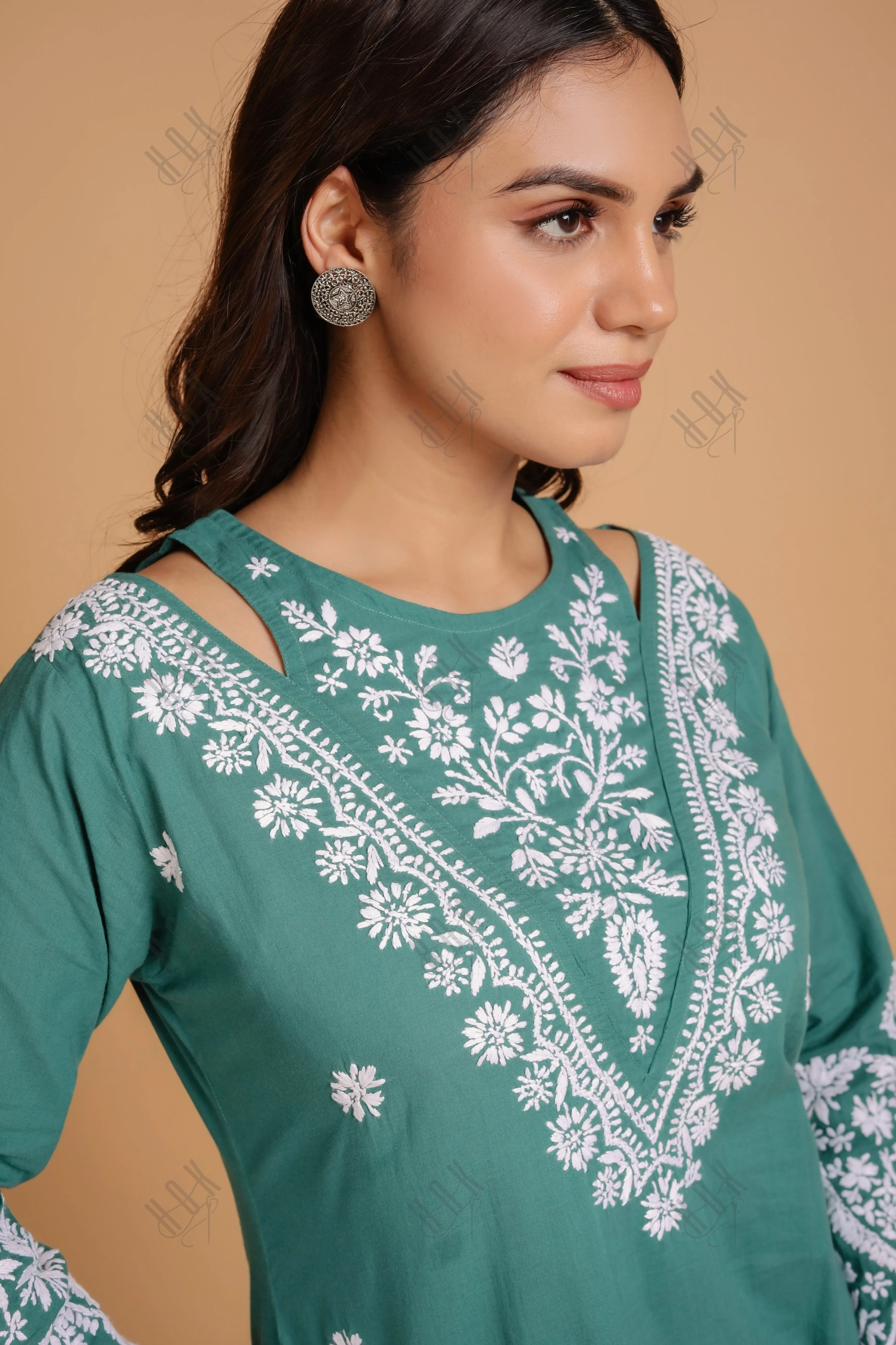 Saba Chikankari Long kurta in cotton - Green