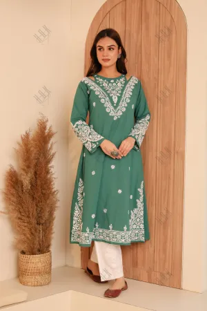 Saba Chikankari Long kurta in cotton - Green