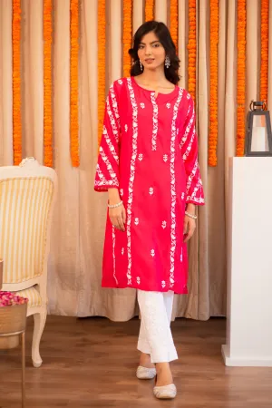 Saba Chikankari Long Kurta In Muslin - Pink