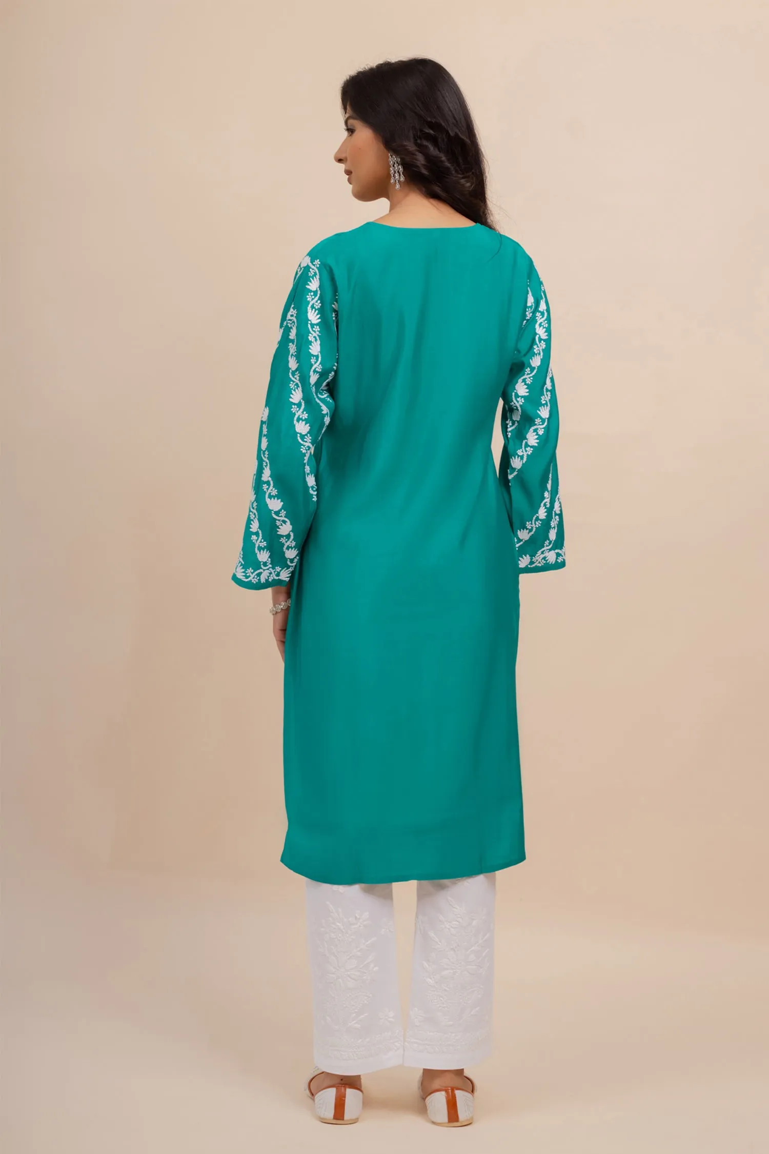 Saba Chikankari Long Kurta In Muslin - Turkish Green