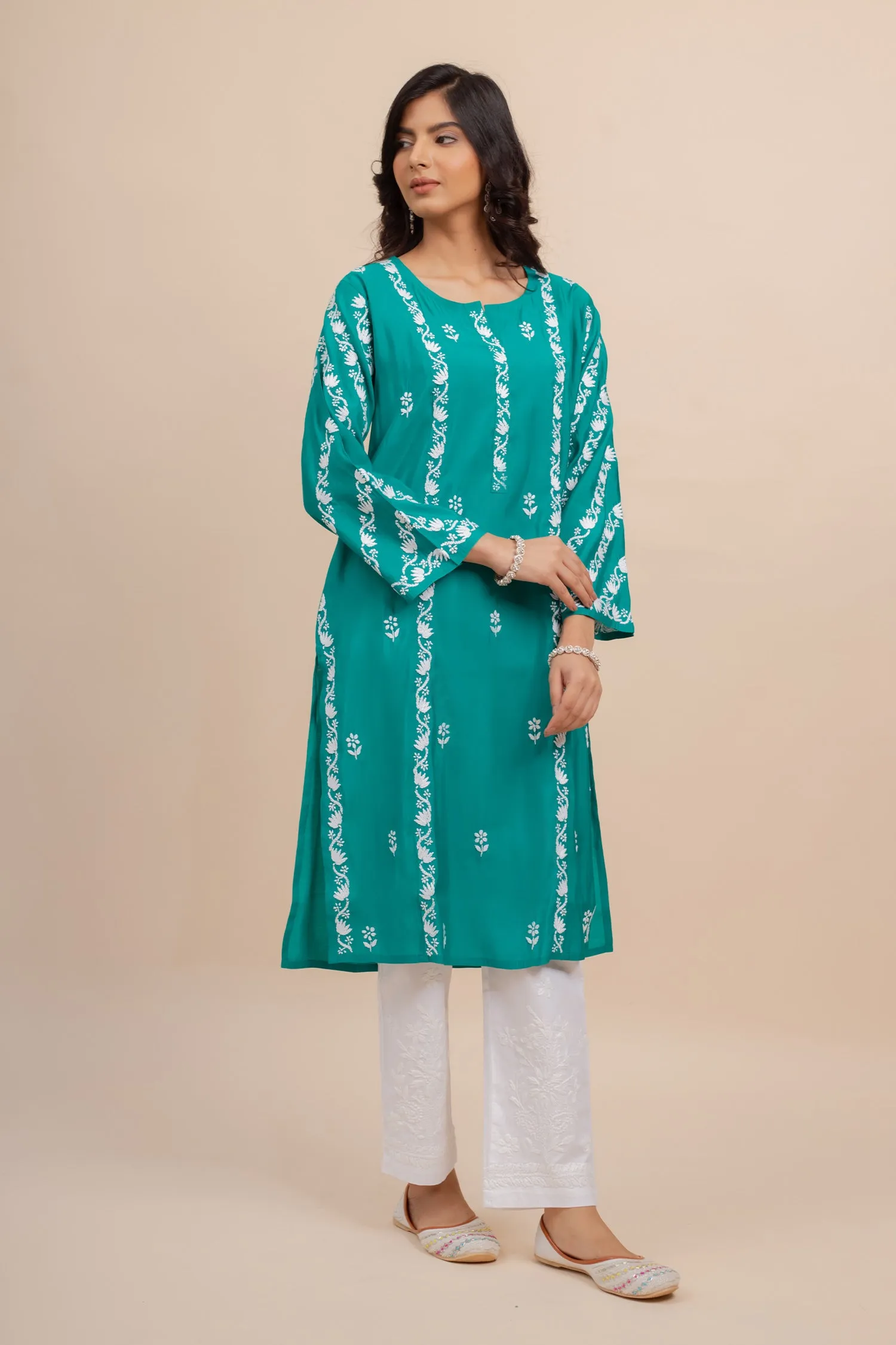 Saba Chikankari Long Kurta In Muslin - Turkish Green