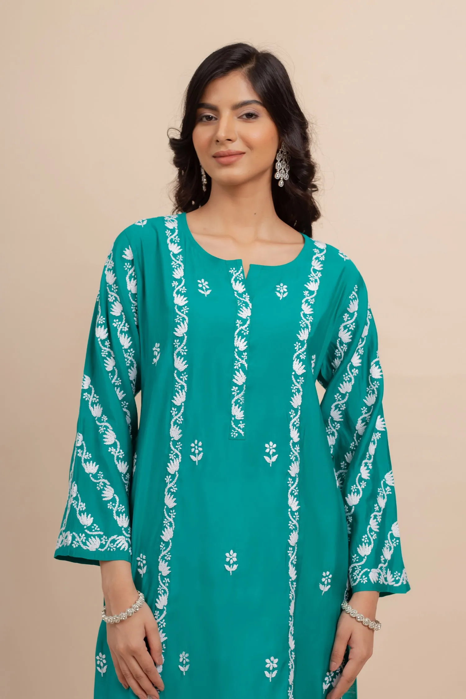 Saba Chikankari Long Kurta In Muslin - Turkish Green