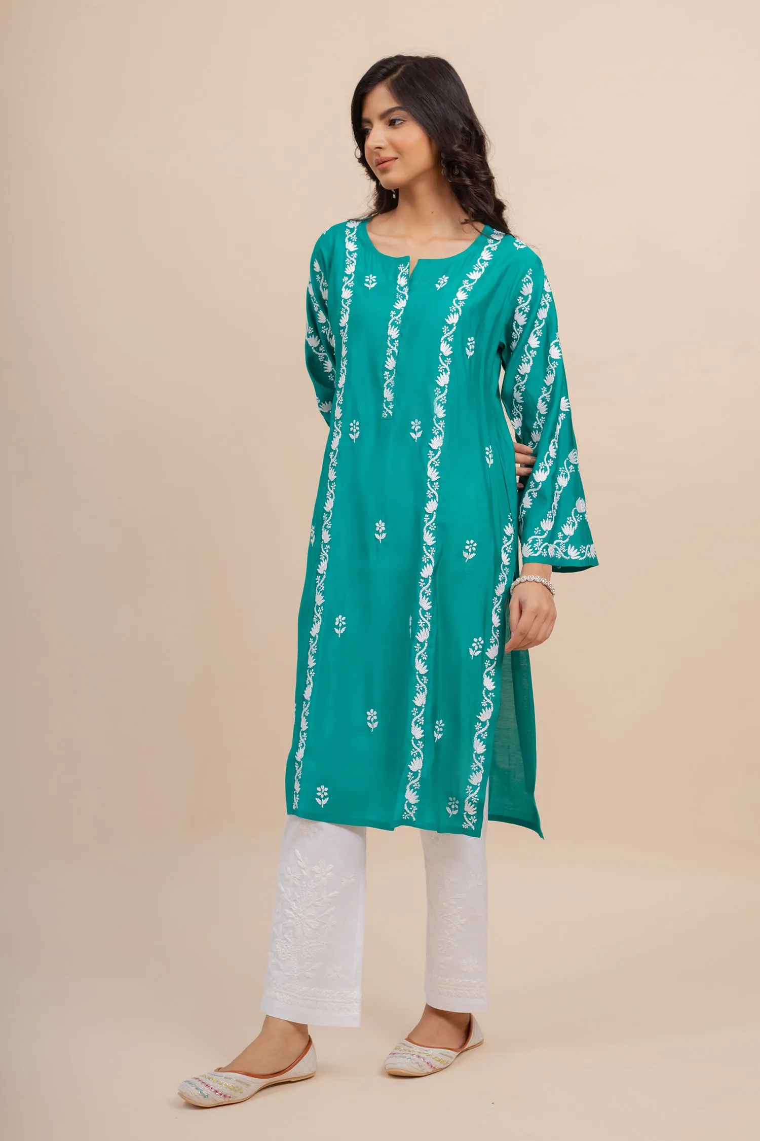 Saba Chikankari Long Kurta In Muslin - Turkish Green