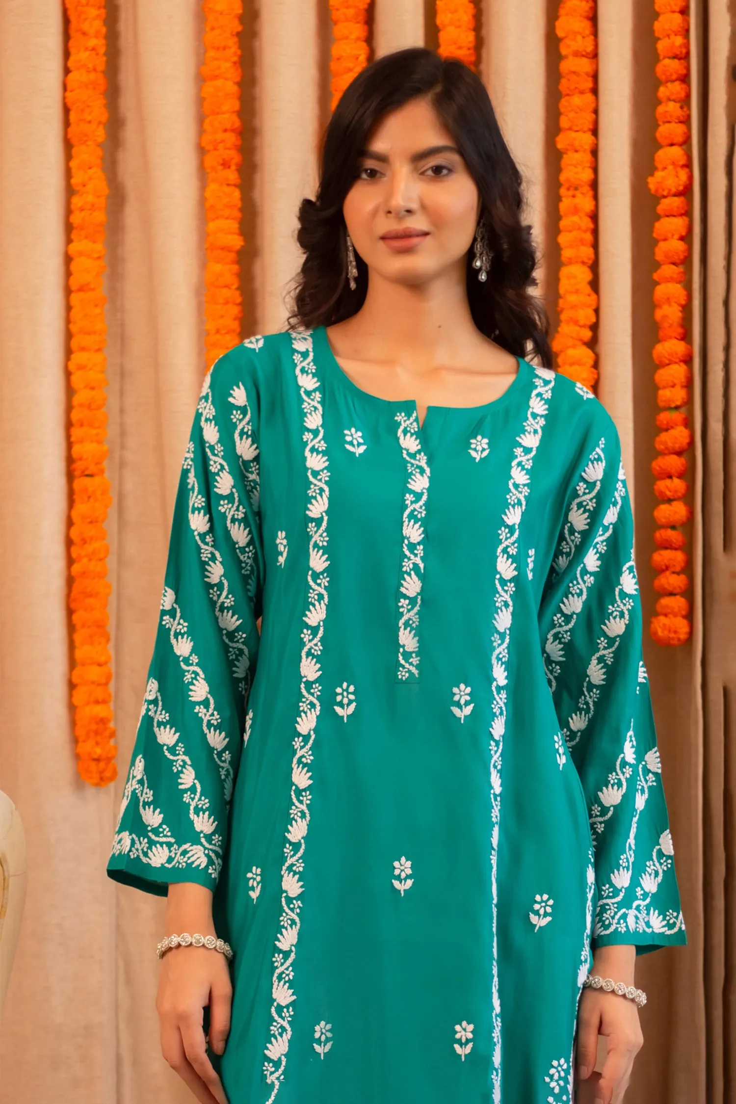 Saba Chikankari Long Kurta In Muslin - Turkish Green