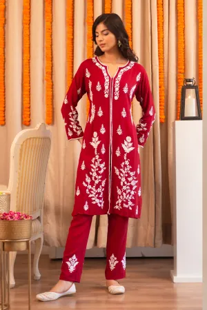 Saba Chikankari Set In Rayon Cotton - Burgunday