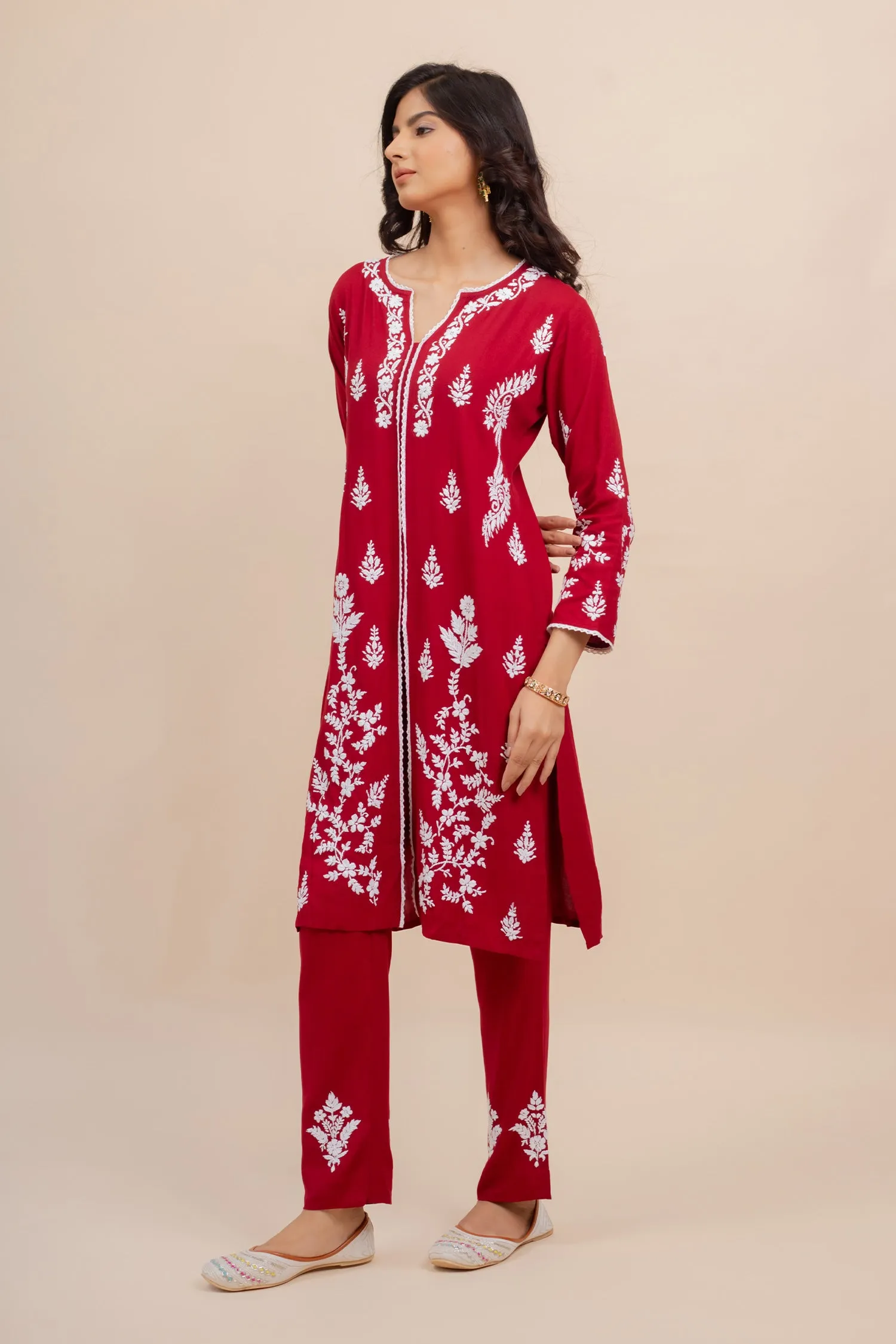 Saba Chikankari Set In Rayon Cotton - Burgunday