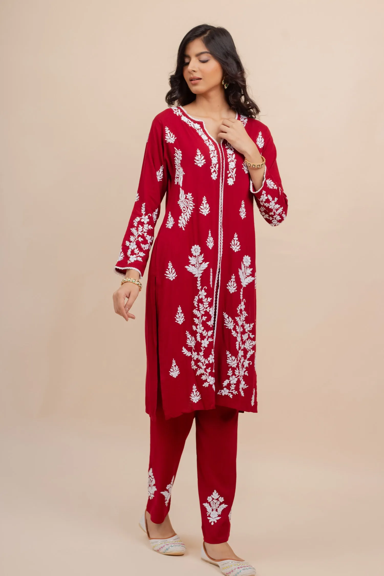 Saba Chikankari Set In Rayon Cotton - Burgunday