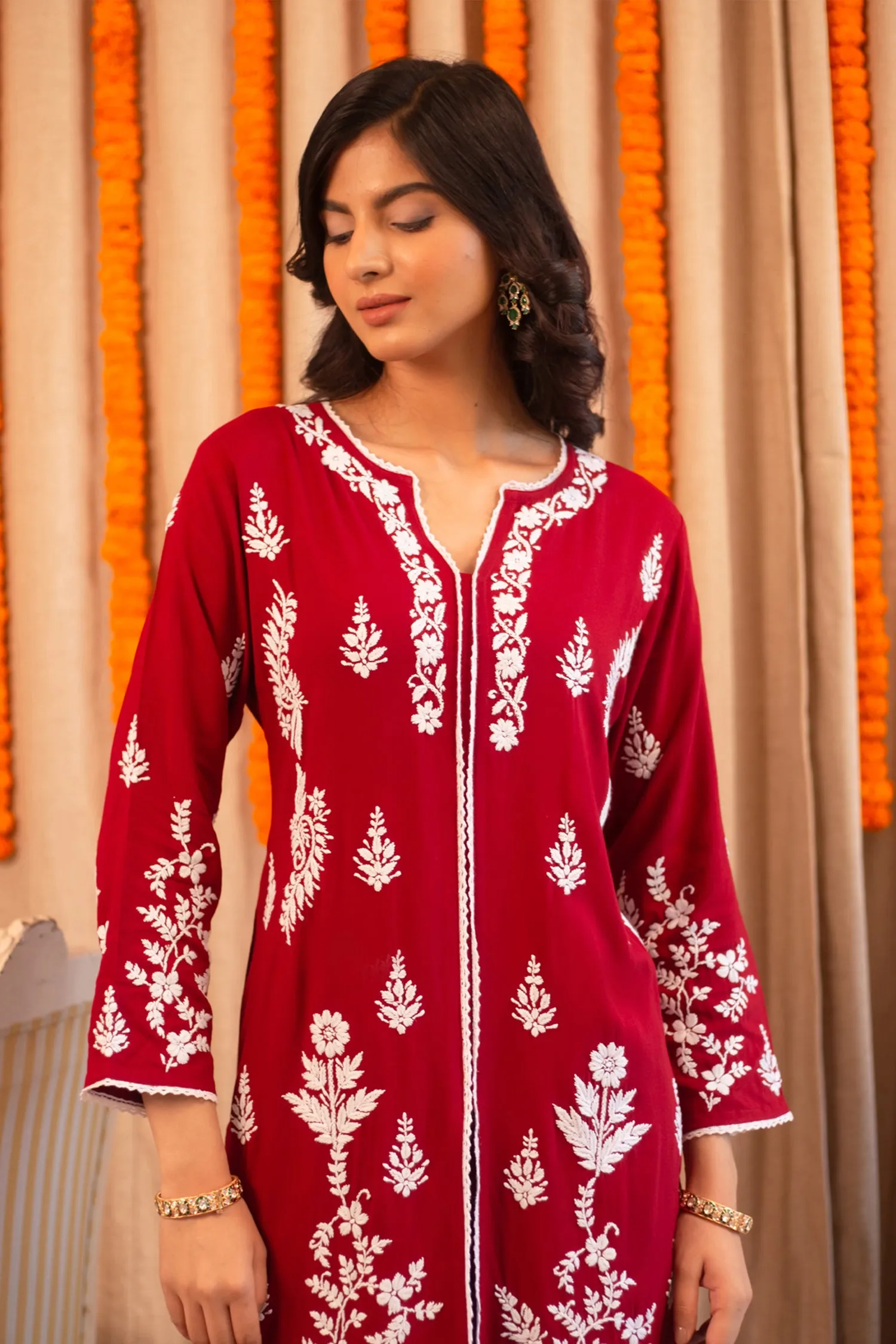 Saba Chikankari Set In Rayon Cotton - Burgunday