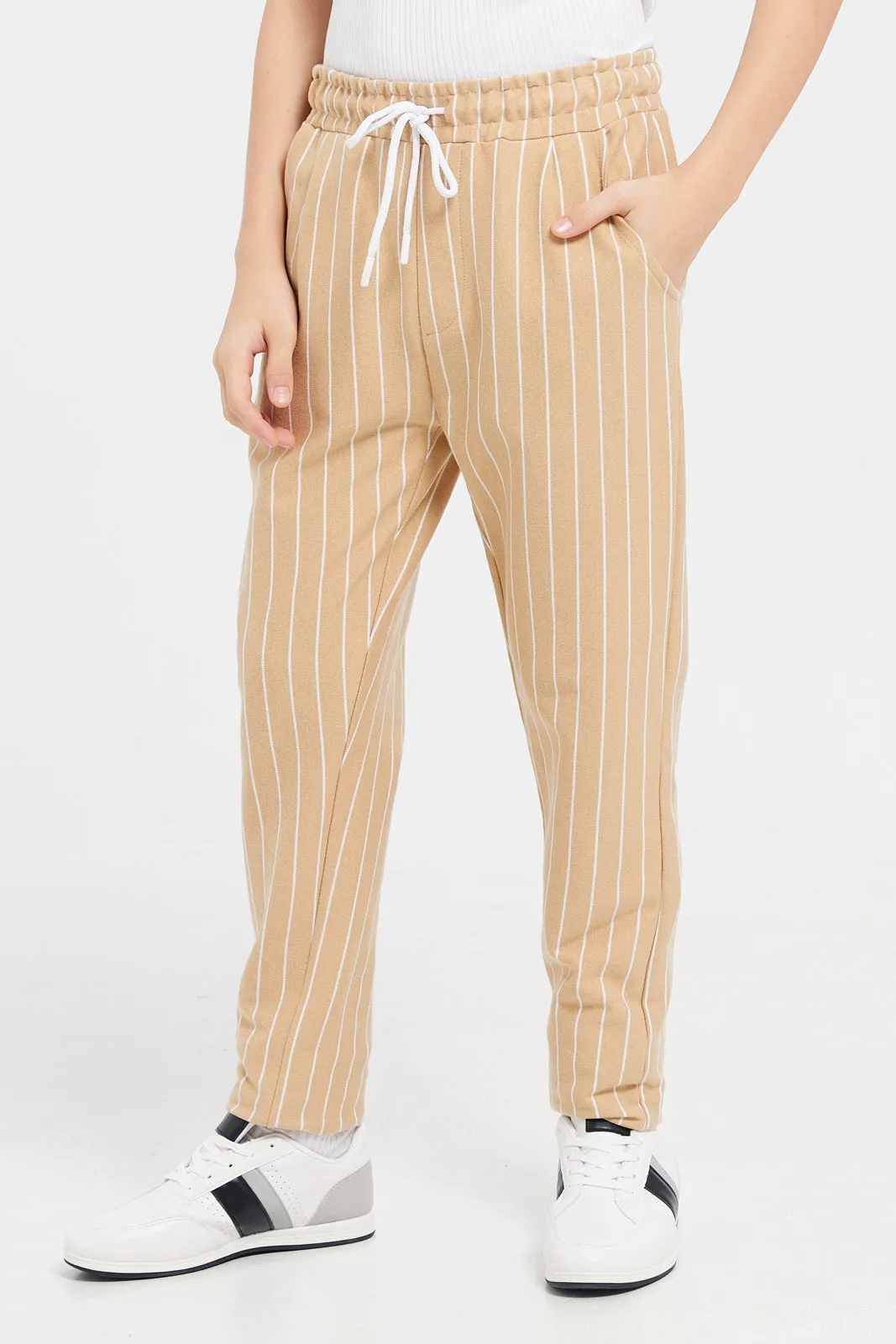 Senior Boys Beige Striped Track Pants