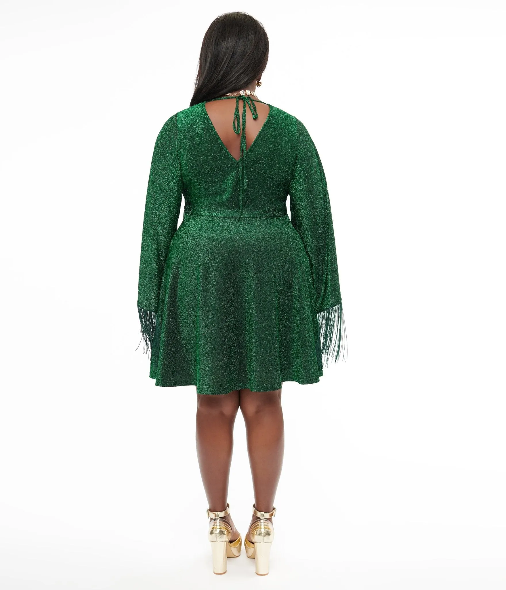 Smak Parlour Plus Size 1970s Green Sparkle & Fringe Bell Sleeves Dress