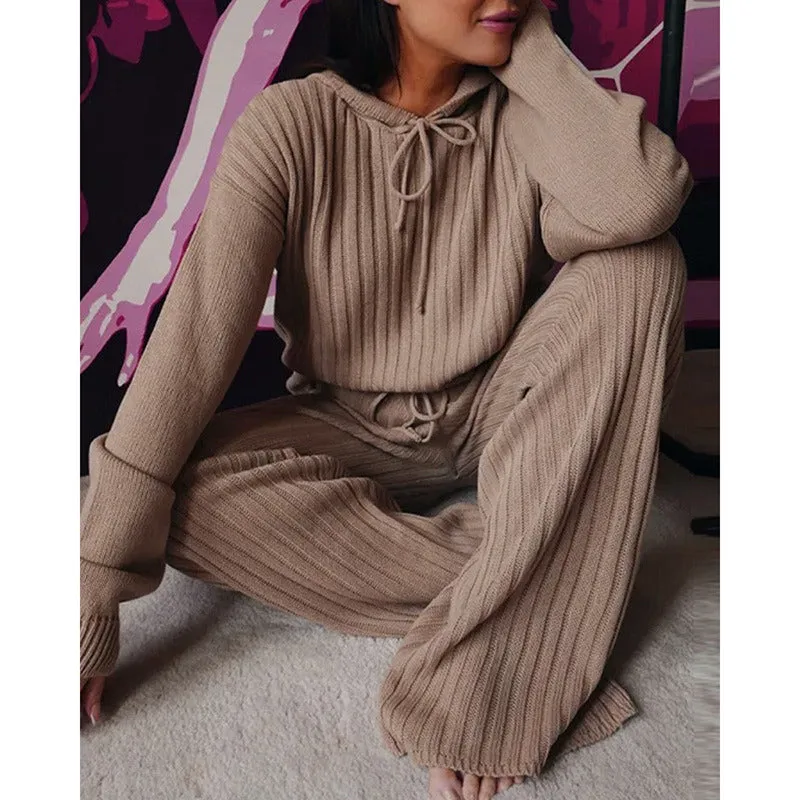 Spring Autumn Knitted Hoodie Pullover Trousers 2-piece Set