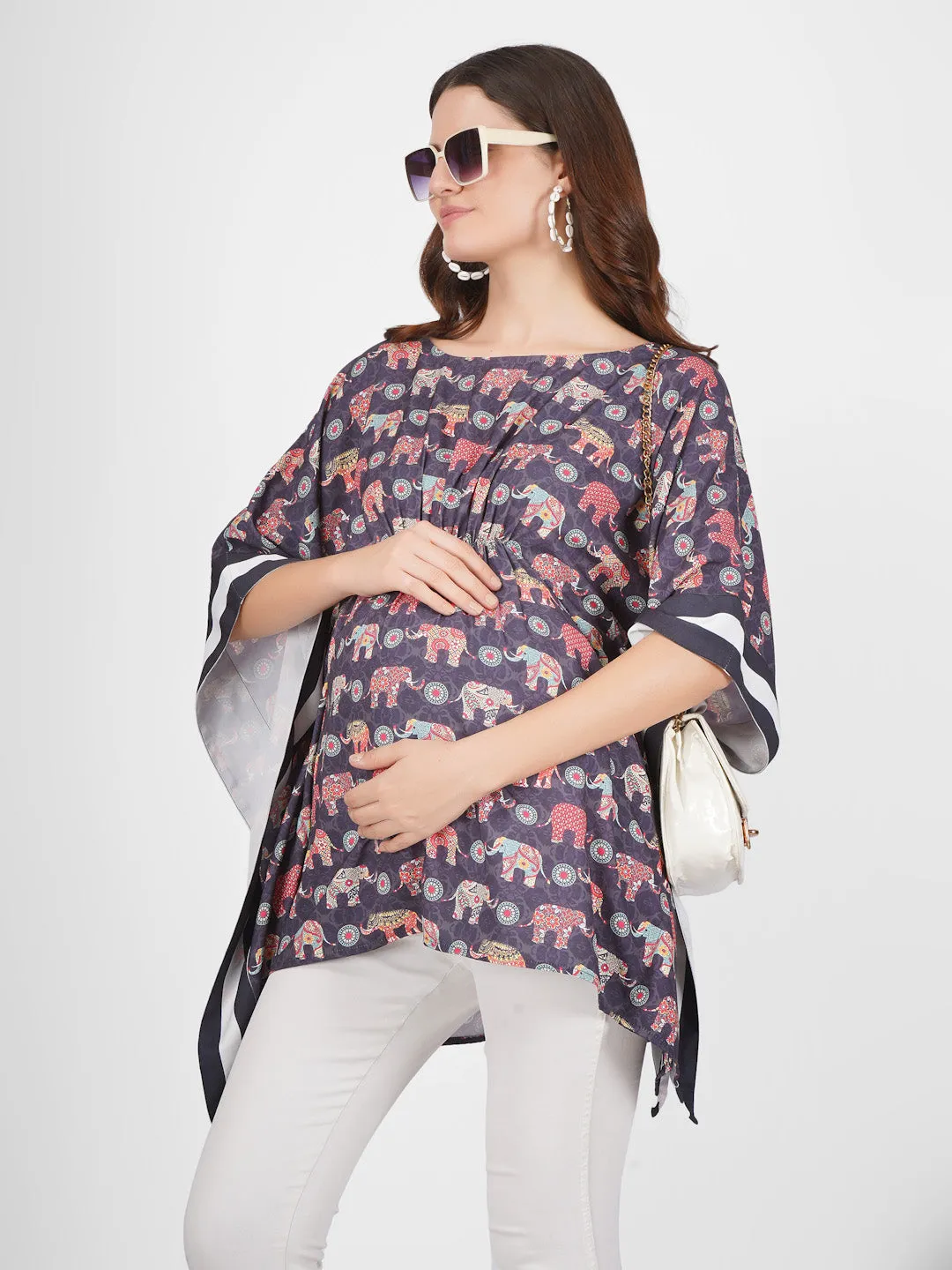 TINA - BLACK STYLISH MATERNITY KAFTAN TRADITIONAL PRINT IN ELEGANT COLOR