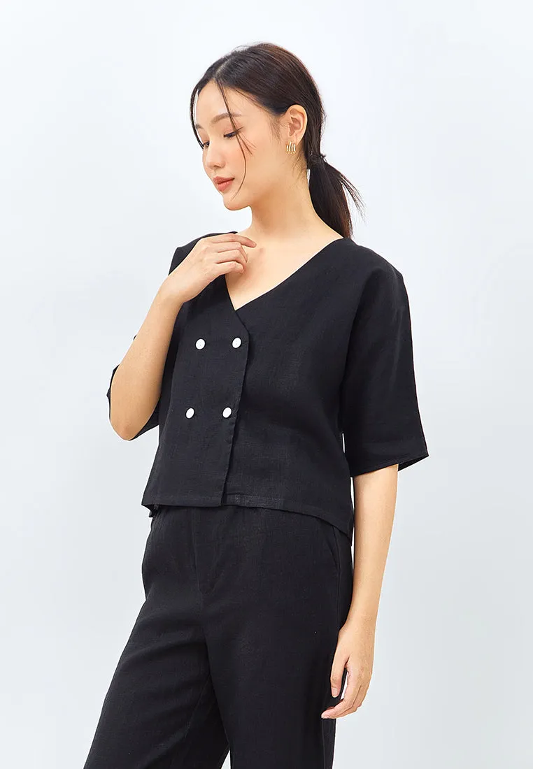 V-neck Button Linen Jacket in Black