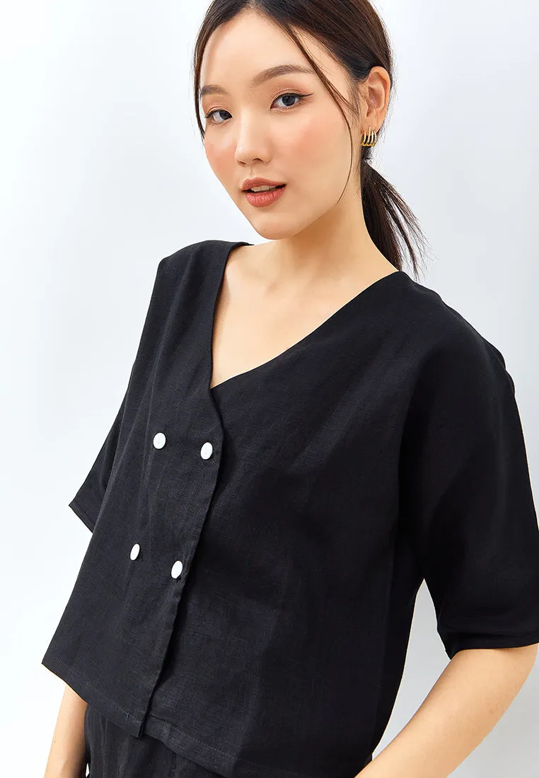 V-neck Button Linen Jacket in Black