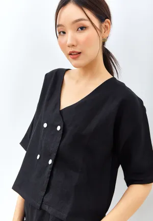 V-neck Button Linen Jacket in Black