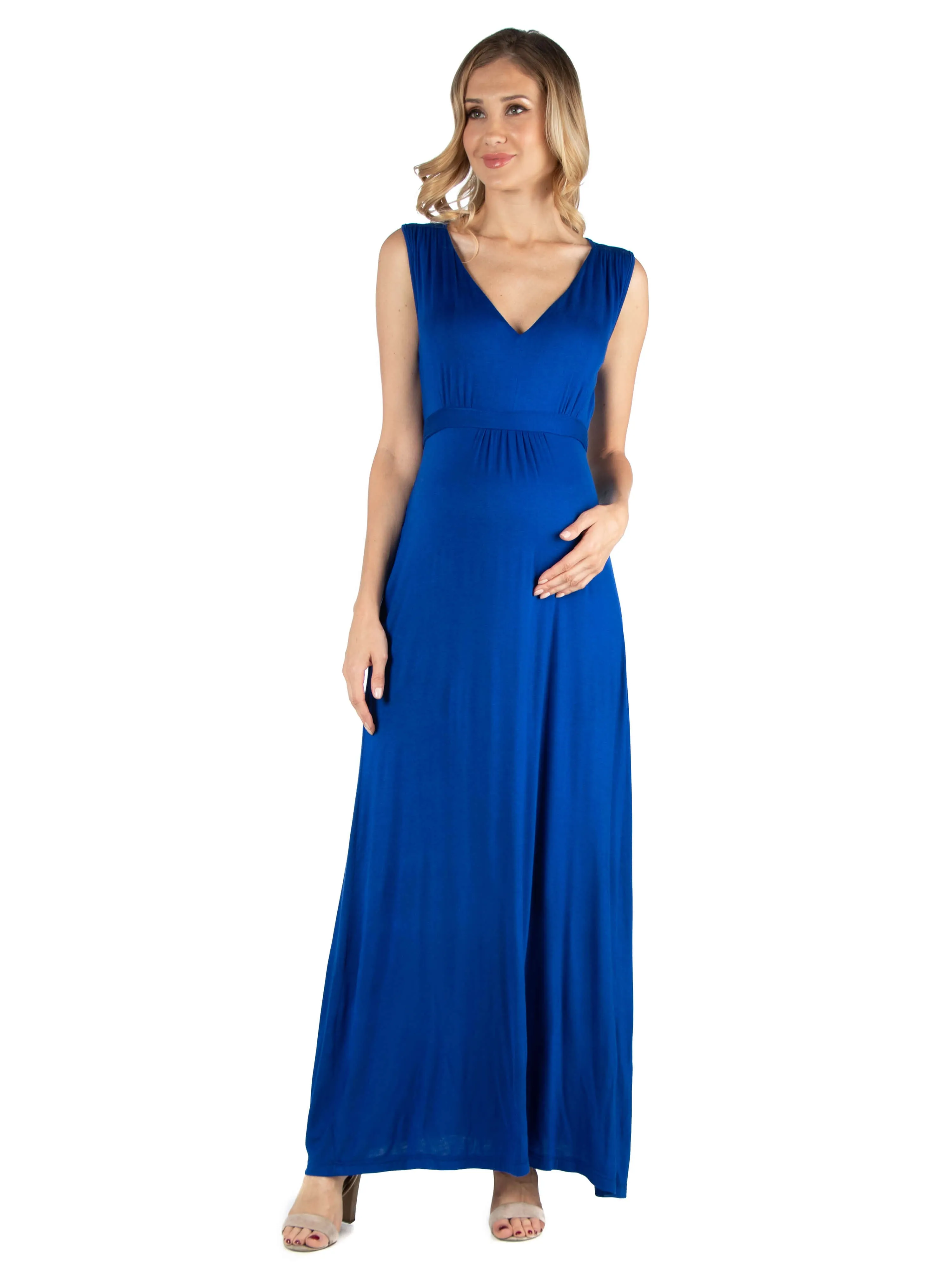 V Neck Sleeveless Maternity Maxi Dress with Belt