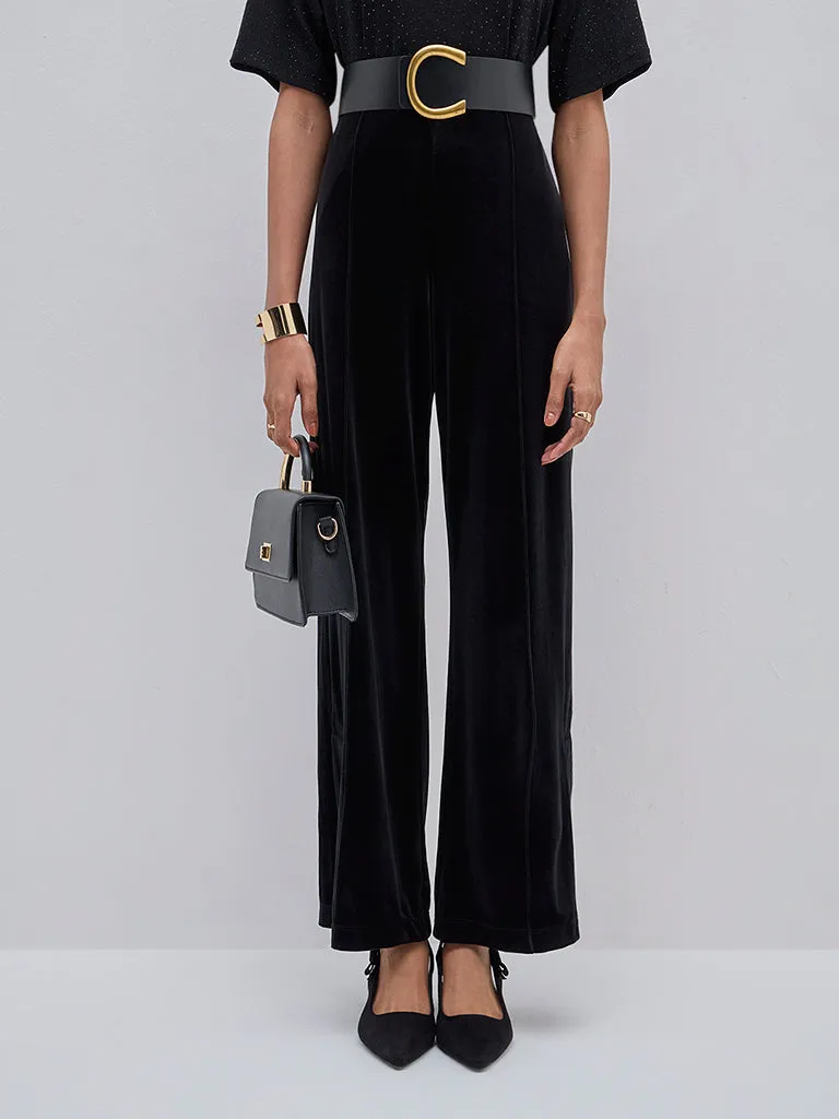 Wardrobe Black Velveteen High-Rise Trousers