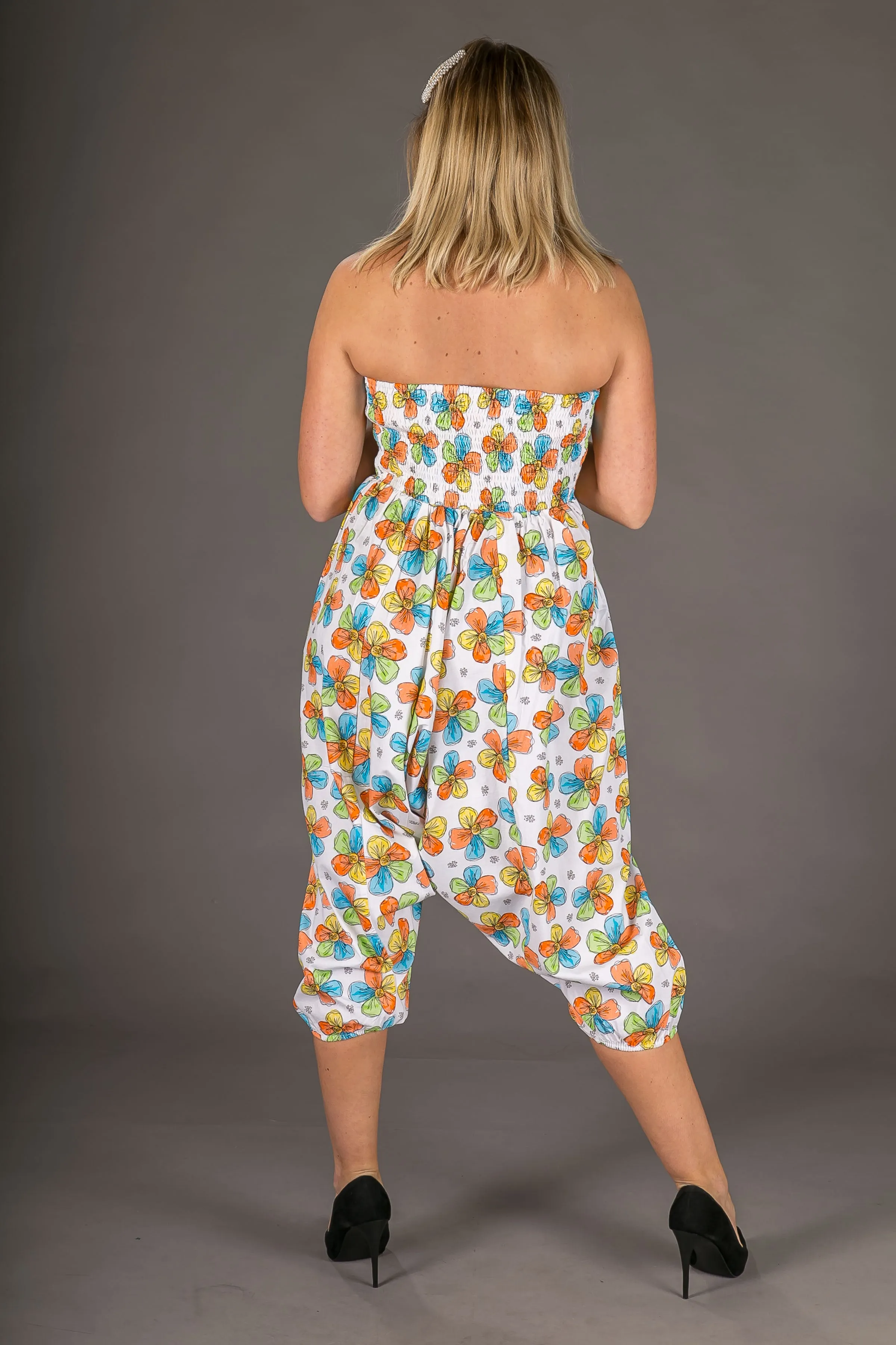 White Floral Print Cotton Harem Yoga Jumpsuit Pants