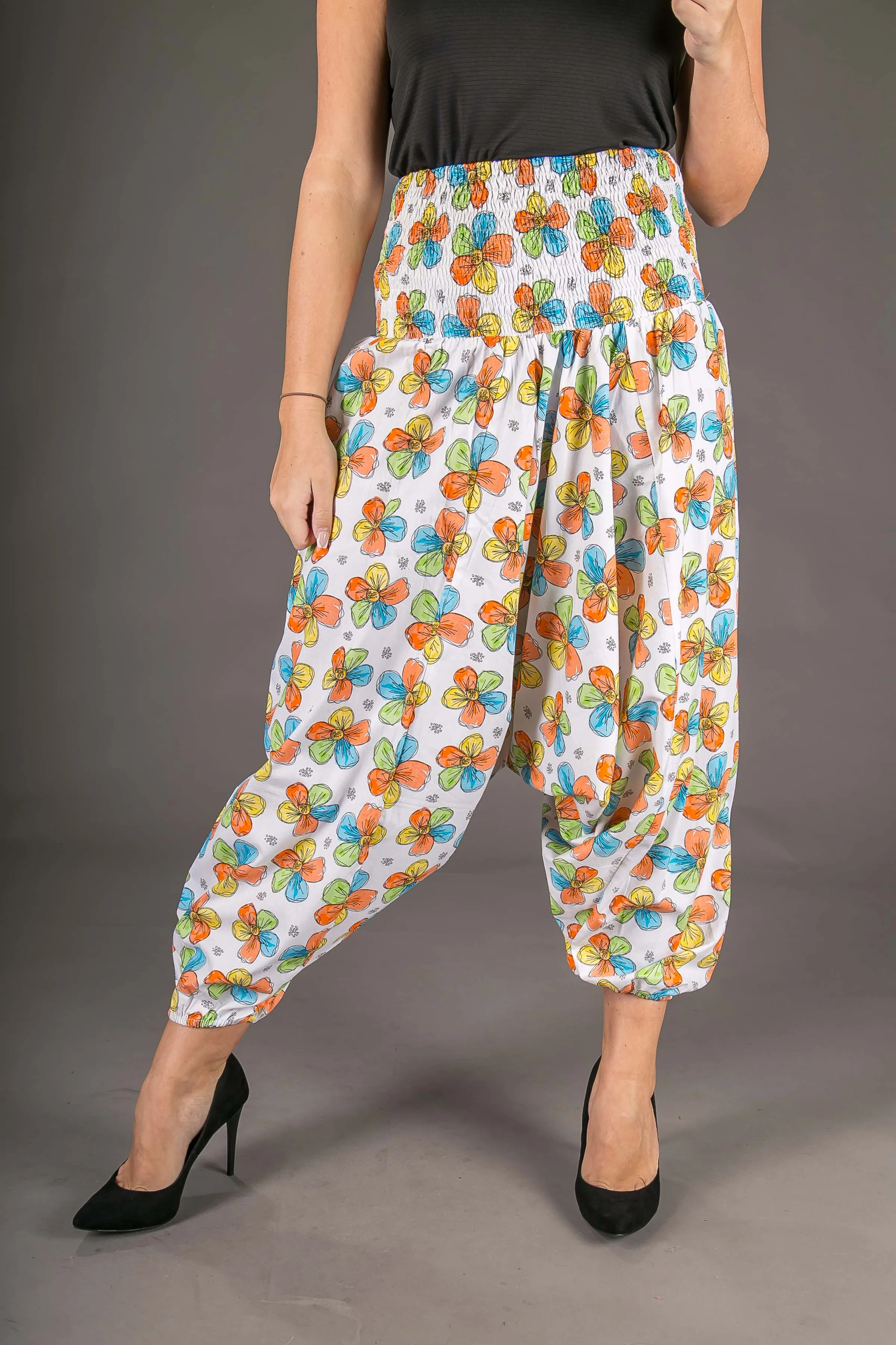 White Floral Print Cotton Harem Yoga Jumpsuit Pants