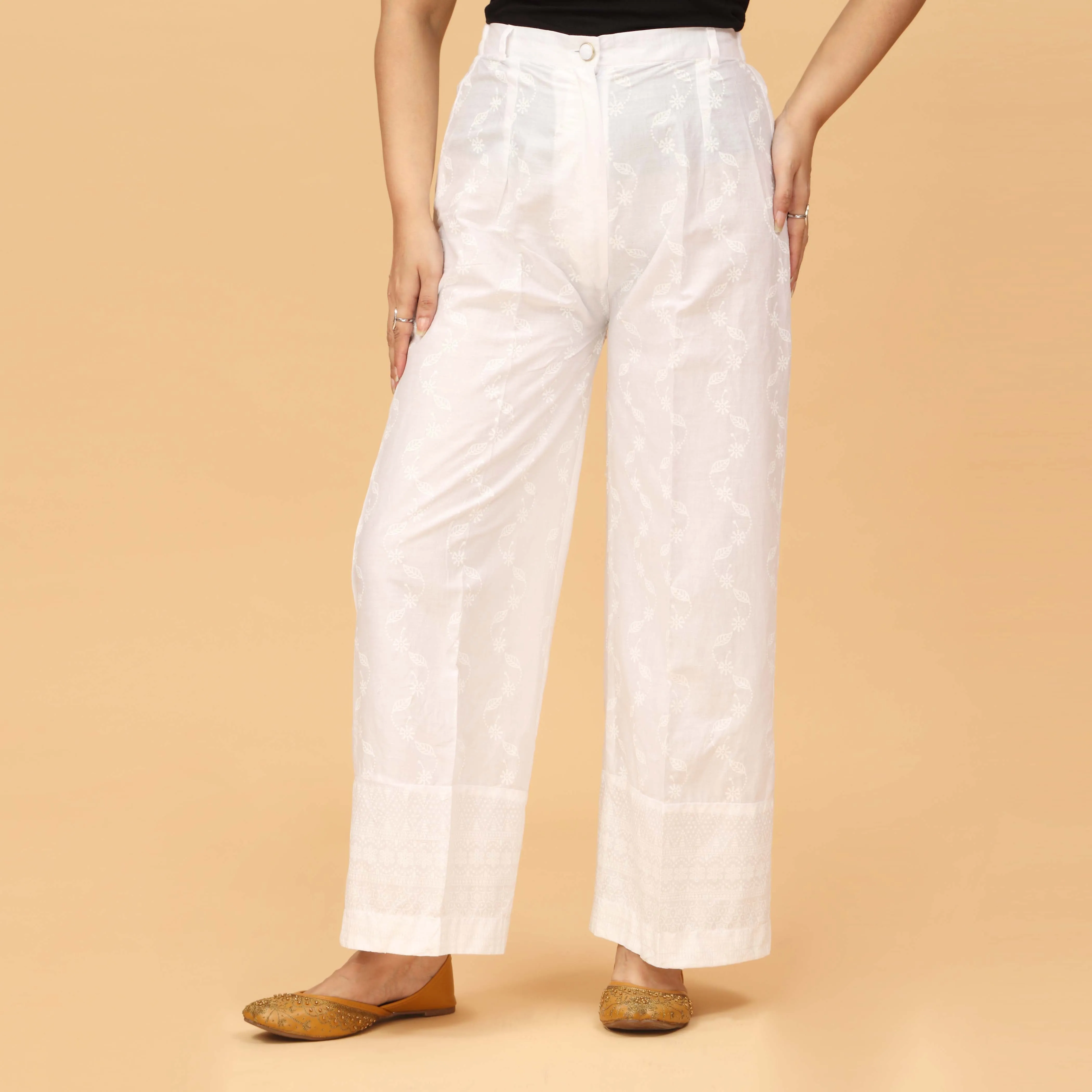 White Screen Printed Cambric Trouser PS4509