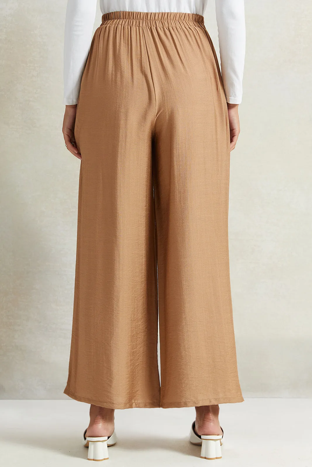 Women Beige Wide Leg Elasticated Waist Trousers