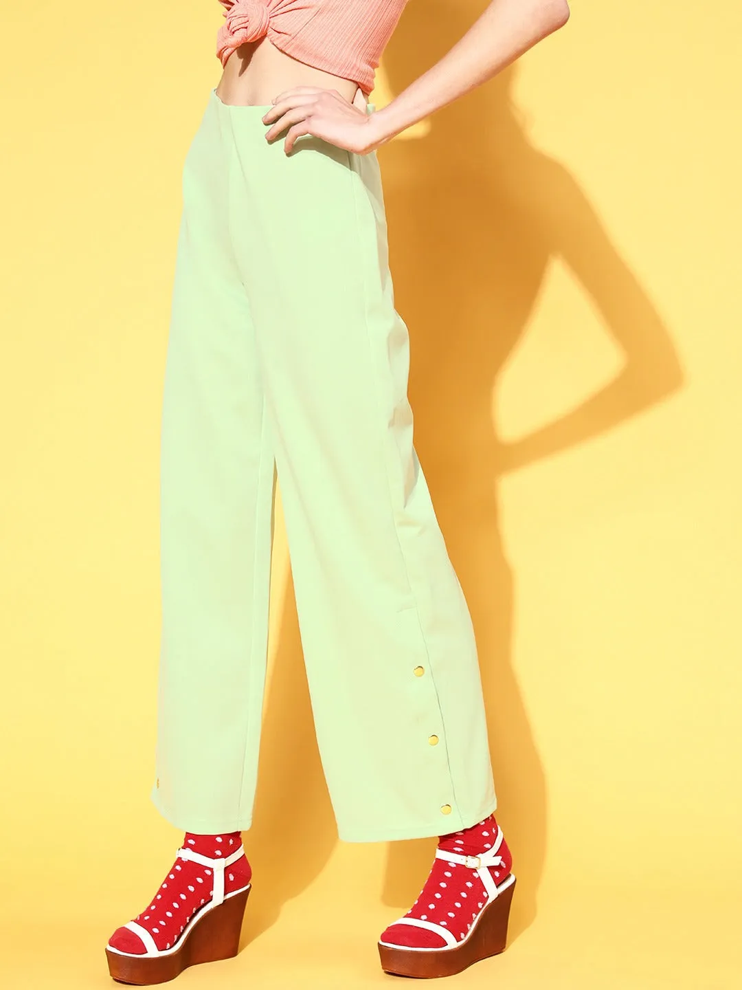 Women Mint Green Scuba Side Button Flared Track Pants