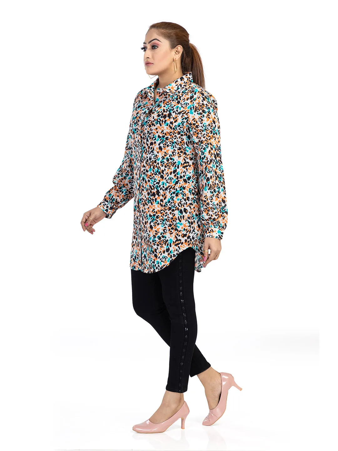 Women's Regular Fit Printed Collar Neck Casual Long Shirts for Ladies & Girls