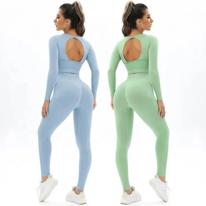 Women's Workout 2 Piece Outfits Seamless High Waist Yoga Leggings Running Sports Long sleeve Crop Top gym fitness sets