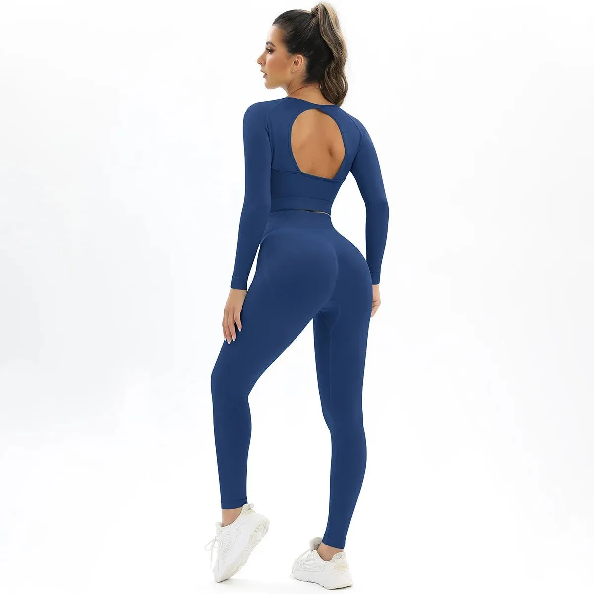 Women's Workout 2 Piece Outfits Seamless High Waist Yoga Leggings Running Sports Long sleeve Crop Top gym fitness sets