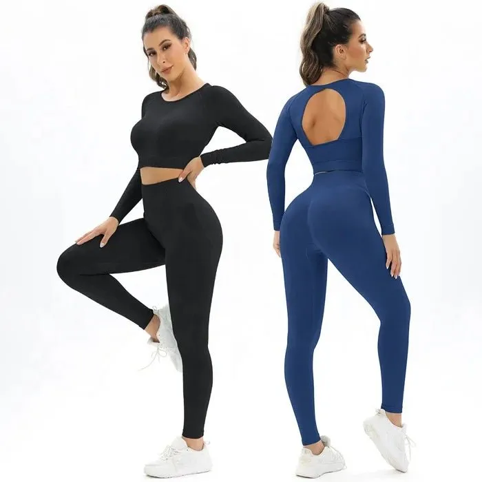 Women's Workout 2 Piece Outfits Seamless High Waist Yoga Leggings Running Sports Long sleeve Crop Top gym fitness sets